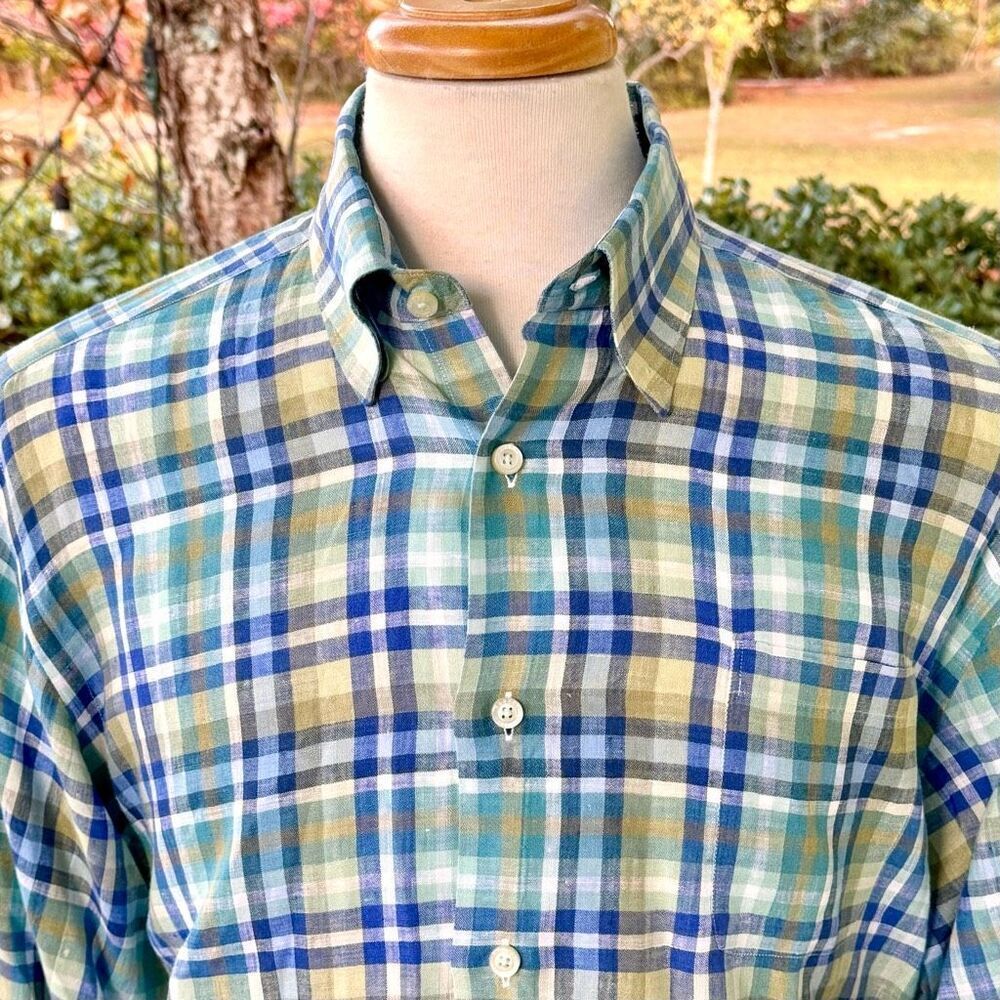 Robert Talbott Carmel Plaid Linen Shirt. Large. View 2